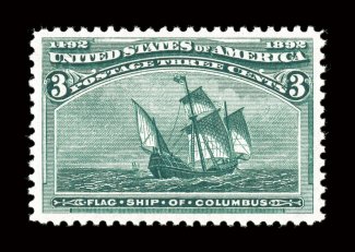 232, 3c Columbian, an especially select mint single, incredibly well centered within large margins, deep rich color and a particularly sharp impression on pristine paper,
o.g., n.h., extremely fine gem 2004 PF certificate.