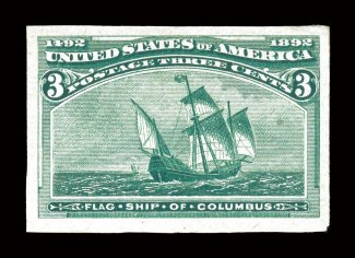232 var., 3c Columbian, imperforate, mint single, four very large margins, deeply rich color, o.g., pinpoint thin speck of no consequence, extremely fine a rarely offered
imperforate.