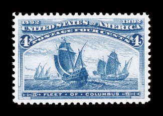 233, 4c Columbian, extraordinarily choice mint single, outstanding centering within extravagantly large balanced margins, sumptuously rich color and a highly detailed
impression on fresh white paper, unblemished o.g., n.h., extremely fine 2008