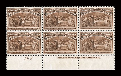 234, 5c Columbian, handsome full bottom imprint and plate No. 9 block of six, exceptionally well centered, deep rich color and an excellent impression, fresh clean o.g., n.h.,
very fine a scarce plate block, particularly so in this lovely nev