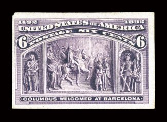 235 var., 6c Columbian, imperforate, large margins all around, strong color and impression, o.g., h.r., choice very fine an exceptionally rare variety 1952 APS certificate
ex-Col. Green.