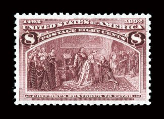 236, 8c Columbian, exceptionally well centered for this difficult value, rich luxuriant color and a well incised impression on crisp paper, o.g., n.h., extremely fine 1989 PF
certificate for a block of four, this being the bottom left stamp, a