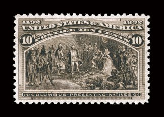 237, 10c Columbian, select quality mint single, with perfectly balanced margins all around, especially deep intense color in the much more appealing black brown shade,
razor-sharp impression, pristine o.g., n.h., an extremely fine gem 1997 PF c