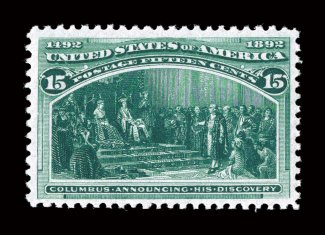 238, 15c Columbian, exceptionally well centered and margined, strong rich color and a detailed impression, o.g., n.h., extremely fine 2008 PSE certificate.
