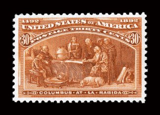 239, 30c Columbian, an extraordinarily choice and eye-appealing mint example, being not only virtually perfectly centered, but its color is equally impressive, as it is
incredibly intense and its impression truly prooflike on the brightest paper