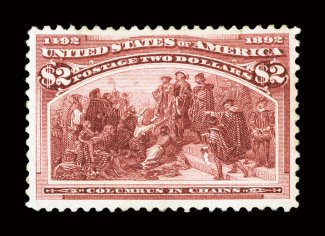 242, $2.00 Columbian, exceptionally well centered and margined, deep luxuriant color, full o.g. that is just faintly disturbed, choice very fine clear 1984 PF certificate and
a 2007 PSE certificate.