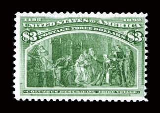 243, $3.00 Columbian, exceptionally fresh, with bright color on clean white paper, o.g., never hinged, fine never hinged examples of the Three Dollar Columbian are few and far
between 2007 PSE certificate.