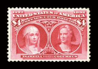 244, $4.00 Columbian, exceptionally well centered, rich bright color, o.g., lightly hinged, tiny picked out inclusion in the left margin, otherwise extremely fine clear 1983
PF certificate.