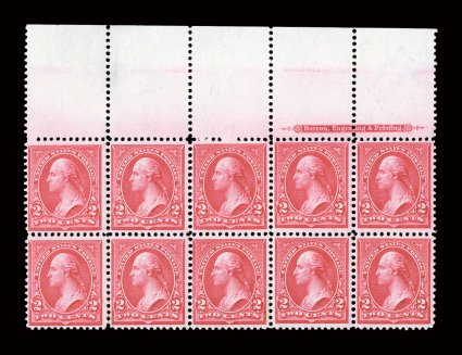 266-67, 2c Carmine, Ty. II and III combination pair, full top margin imprint block of ten (5x2), with the left block of four being type II and the other six stamps being type
III, brilliantly fresh color, o.g., lightly hinged, trivial perf. sepa