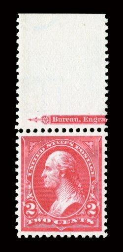267, 2c Carmine, Ty. III, gem top sheet-margin partial imprint single, incredibly well centered within large margins, gorgeous rich color and impression on immaculate paper,
pristine o.g., n.h., extremely fine a lovely stamp 2006 PSE certifica