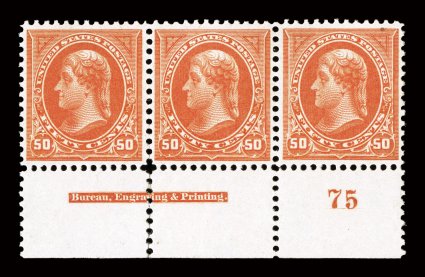 275, 50c Orange, an extraordinarily handsome and choice bottom margin imprint and plate no. 75 strip of three, wonderfully fresh and bright, deep rich color, each stamp well
centered, o.g., n.h., right stamp with tiny natural inclusion speck at