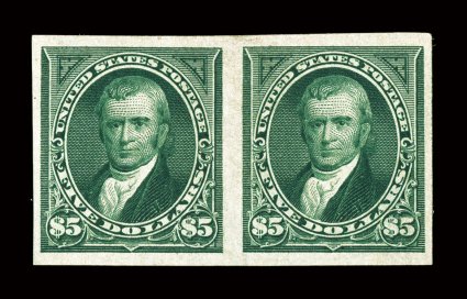278a, $5.00 Dark green imperforate, handsome horizontal pair of this imperforate rarity, large margins all around, deep luxuriant color, o.g., relatively lightly hinged,
extremely fine only 50 pairs can possibly exist, many of which are found w
