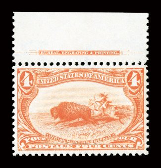 287, 4c Trans-Mississippi, gem top margin imprint single, extraordinarily well centered and margined, gorgeous bright color and a vivid impression, flawless o.g., n.h.
(faintly hinged in selvage only), extremely fine 2008 PF certificate.