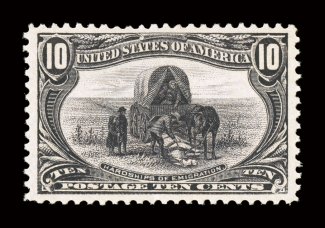 290, 10c Trans-Mississippi, exceptionally well centered within especially wide margins, rich luxuriant color and a deeply etched impression, pristine o.g., n.h., extremely
fine 2000 and 2008 PF certificates.