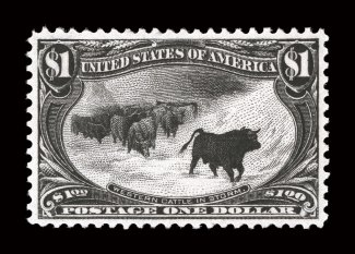 292, $1.00 Trans-Mississippi, a most attractive mint single, wonderfully well centered and margined, strong color and an excellent detailed impression on fresh paper, o.g.,
lightly hinged, extremely fine 1997 PF certificate and a 2007 PSE certi