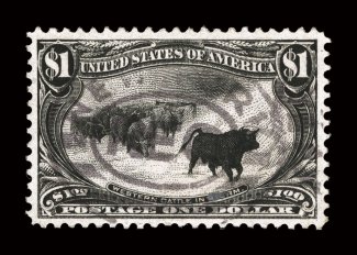 292, $1.00 Trans-Mississippi, used, strong color and impression,uncharacteristically well centered and margined, light and centrally struck New York oval registry pmk.,
current certificate mentions a tiny pinhole, extremely fine appearance clea