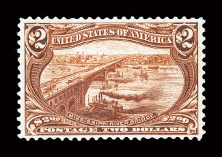 293, $2.00 Trans-Mississippi, exceedingly well centered within very wide margins which are rarely associated within this difficult commemorative stamp, lovely rich color and a
clean impression, o.g., lightly hinged, choice very fine a most attr