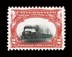 295, 2c Pan-American, vignette shifted to bottom showing a low train, exceedingly well centered within wide margins, rich luxuriant colors, o.g., n.h., extremely fine 2008 PF
certificate (XF-Superb 95 XQ SMQ $380.00 for 95 and $1,300.00 for