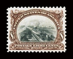 298, 8c Pan-American, uncommonly well centered and margined, deep colors, o.g., n.h., extremely fine 2008 PSE certificate (XF 90 SMQ $620.00).