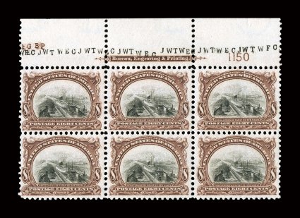298, 8c Pan-American, a highly desirable full top imprint and plate no. 1150 block of six, featuring deep and luxuriant colors, plus the overall centering excellent,
marvelously fresh and intact, o.g., never hinged, extremely fine one of the