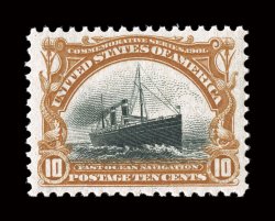 299, 10c Pan-American, gem mint example, featuring outstanding centering within uncharacteristically wide margins, strong rich colors, unblemished o.g., n.h., extremely fine a
wonderfully choice stamp 2000 PF certificate.