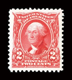 301, 2c Carmine, excellent centering within particularly large margins, radiant color and a vivid impression, pristine o.g., n.h., extremely fine an impressively
large-margined gem 2005 PSE certificate (XF-Superb 95 Jumbo SMQ $670.00 for 95 a