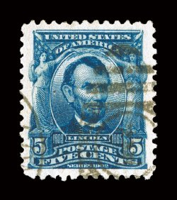 304, 5c Blue, an eye-catching used single, sporting extravagantly large margins all around and being especially well centered within them, plus it possesses stunning prooflike
color and impression on fresh white paper, duplex cancel, extremely f