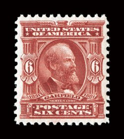 305, 6c Claret, exceedingly well balanced margins all around, rich vibrant color and a crisp detailed impression, pristine o.g., n.h., extremely fine 2005 PF
certificate.