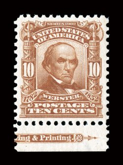 307, 10c Pale red brown, a most impressive bottom margin partial imprint mint single, being exceedingly well centered within uncharacteristically large margins, lovely bright
color and a well defined impression, pristine o.g., n.h., an extremely