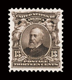 308, 13c Purple black, exceedingly choice mint single, wonderfully well centered within large balanced margins, strong color and a well incised impression, pristine o.g.,
n.h., extremely fine 2008 PSE certificate (XF-Superb 95 SMQ $1,200.00).