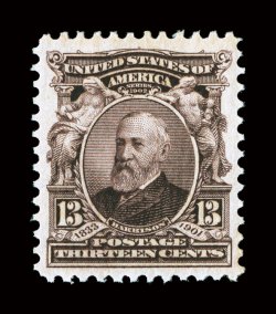 308, 13c Purple black, excellent centering within unusually large margins, deeply rich color and a sharp impression, o.g., n.h., extremely fine 2008 PSE certificate (XF-Superb
95 SMQ $1,200.00).