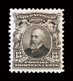 308, 13c Purple black, exceedingly well centered and margined, strong rich color and a crisp detailed impression, o.g., n.h., extremely fine 2000 PF certificate and a 2007 PSE
certificate (XF 90 SMQ $390.00).