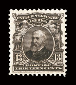 308, 13c Purple black, gorgeous color that is incredibly deep and rich, prooflike impression, exceptionally well centered within large margins, o.g., n.h., extremely fine 2006
PF certificate.