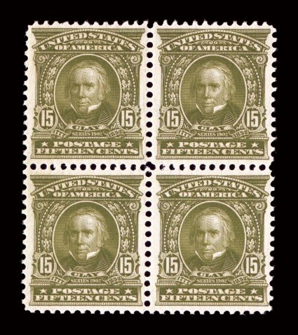 309, 15c Olive green, mint block of four, nicely centered, lovely rich color, o.g., top pair lightly hinged, bottom pair never hinged, very fine 2008 PSE certificate cataloged
as four singles.