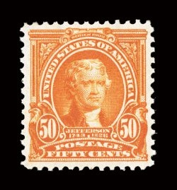 310, 50c Orange, extraordinarily well centered amid uncommonly large margins, gorgeous radiant color and a vivid impression, o.g., lightly hinged, extremely fine and choice
2004 PSE certificate (XF-Superb 95 SMQ $1,700.00).