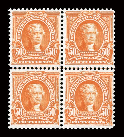 310, 50c Orange, a handsome mint block of four with horizontal guide line, brilliant rich color, rather well centered, o.g., n.h., fine-very fine 2007 PF
certificate.