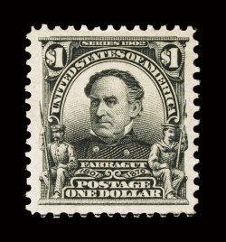 311, $1.00 Black, an impressively large-margined mint example, featuring lavishly large margins all around and being especially well centered within them, rich luxuriant
color, full clean o.g., lightly hinged, an extremely fine and choice stamp