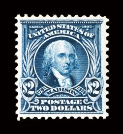 312, $2.00 Dark blue, uncommonly well centered, strong rich color, o.g., choice very fine 1982 PF certificate and a 2008 PF certificate (XF 90 SMQ $1,750.00).