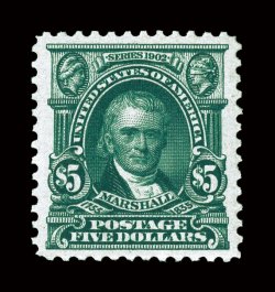 313, $5.00 Dark green, a marvelous premium quality mint example of this rare and challenging high value, possessing margins of unusual width and being virtually perfectly
centered within them, equally impressive is this stamps deep intense colo