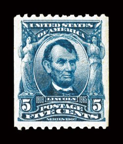 317, 5c Blue coil, perf. 12 horiz., an especially handsome and choice single of this rare experimental coil, being uncommonly well centered within large margins, plus its
color is remarkably deep and luxuriant, razor-sharp impression on fresh wh