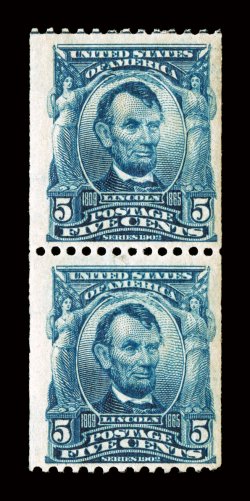 317, 5c Blue coil, perf. 12 horiz., pair, bright fresh color and a crisp impression, nicely centered, o.g., top stamp with a small bit of h.r., bottom stamp lightly hinged,
very fine a choice and desirable pair of this rare experimental coil, w