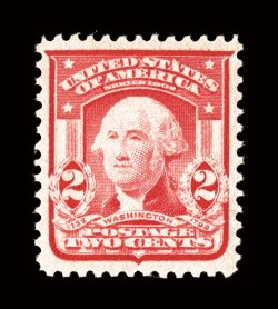 319i, 2c Carmine, Ty. II, a gem mint example of this elusive variety, being perfectly centered within lavishly large and wonderfully well balanced margins, attractive carmine
color, pristine o.g., never hinged, extremely fine a superb stamp for