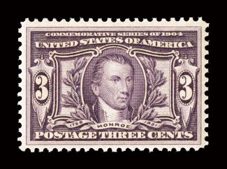 325, 3c Louisiana Purchase, an impressive mint single which boasts impeccable centering amid large margins all around, deep rich color, pristine o.g., n.h., extremely fine
photocopy of a 2000 PF certificate for a block of four, this being the b