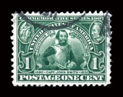 328, 1c Jamestown, striking used single, possessing remarkably wide margins for this narrowly spaced issue, extraordinarily well centered within them, deep luxuriant color and
a sharp detailed impression, lightly cancelled, extremely fine a bea