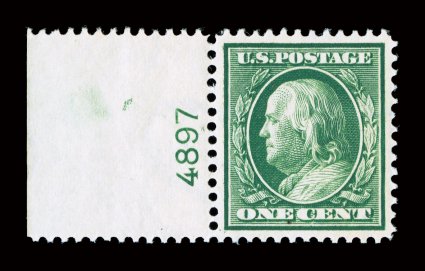 331, 1c Green, left margin plate no. 4897 single, choice centering, strong rich color, o.g., n.h., extremely fine 2008 PSE certificate (XF-Superb 95 SMQ
$290.00).