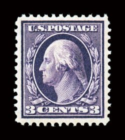 333, 3c Deep violet, deep intense color and impression, extraordinarily well centered within uncommonly large margins, flawless o.g., n.h., extremely fine an especially
handsome stamp 2008 PSE certificate (XF-Superb 95 SMQ $990.00) only one
