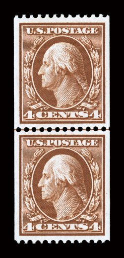 350, 4c Orange brown coil, perf. 12 horiz., an incredibly choice guide line pair in a quality which is impossibly difficult to find on perf. 12 coils, being absolutely
perfectly centered with large margins throughout, and equally impressive is t