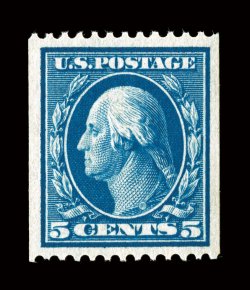 351, 5c Blue coil, perf. 12 horiz., an eye-arresting mint single, possessing margins of exceptional size for a perf. 12 coil and being incredibly well centered within them,
sumptuously rich color and a deeply etched impression, unblemished o.g.,