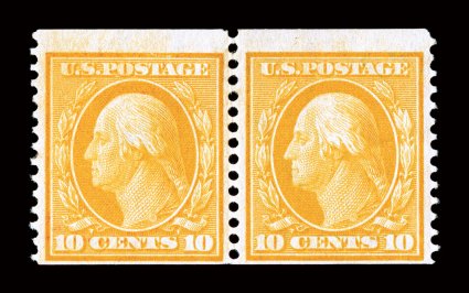 356, 10c Yellow coil, perf. 12 vert., rare mint pair, bright fresh color, full o.g. that shows just a hint of disturbance, fine clear 1972 PF certificate.