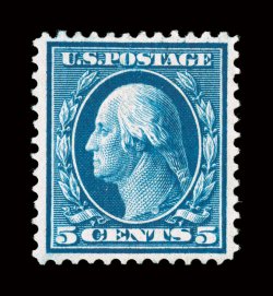 361, 5c Blue on bluish paper, exceptionally well centered although reperforated at bottom, deeply rich color and a crisp impression, o.g., lightly hinged, choice very fine
appearance a reasonably affordable yet highly attractive example of this